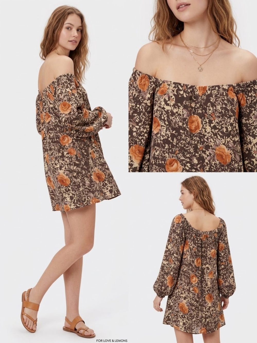 For Love & Lemons Floral Off Shoulder Mini Dress Brown XS Rose Boho Cottagecore